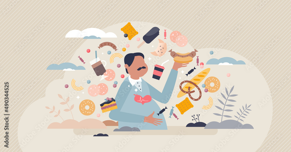 Obesity and overweight problem with unhealthy lifestyle tiny person concept. Eating junk and fast food, sweets, candies and soft drinks with overeating mental issue vector illustration. Weight illness