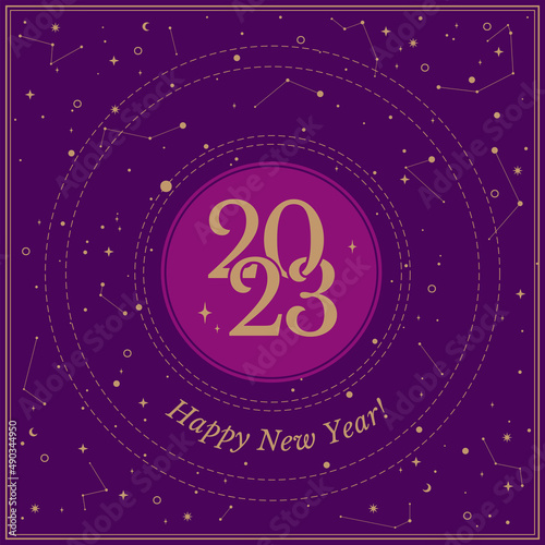Gold Stars in dark galaxy sky. Happy new year 2023. Pattern Background illustration tarot card.