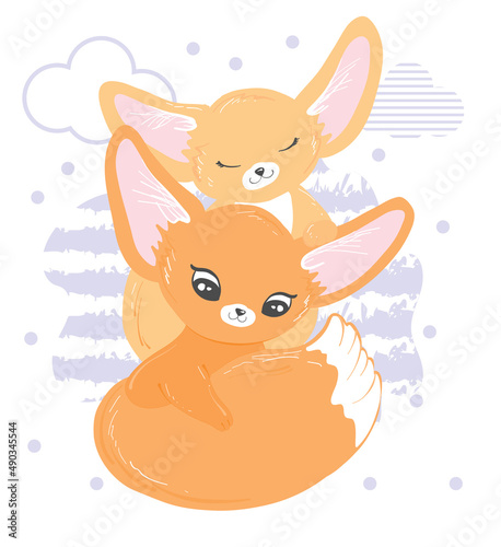 Cute little foxes standing under mom and baby hugging each other Vector illustration