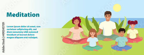 A family meditates in nature and leaves and the sunset Vector illustration in a flat cartoon