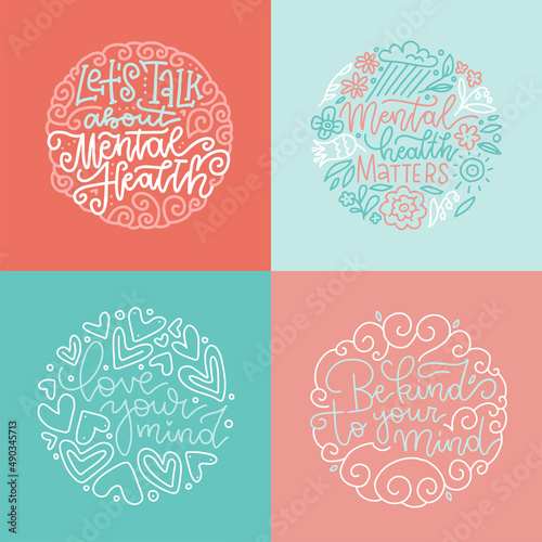 Set of four card design template with hand drawn lettering. Mental health slogan stylized typography in linwar round shape concepts. Modern concept layout for psychologists. Line vector illustration. photo