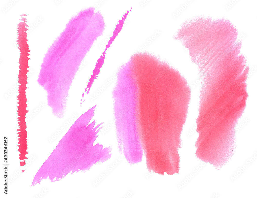 Set of watercolor textures of pink splashes, hand-drawn, isolated on a white background. Design element. Can be used in invitations, postcards, logo design