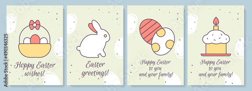 Celebrating Easter greeting card with color icon element set. Spring holiday. Postcard vector design. Decorative flyer with creative illustration. Notecard with congratulatory message on grey