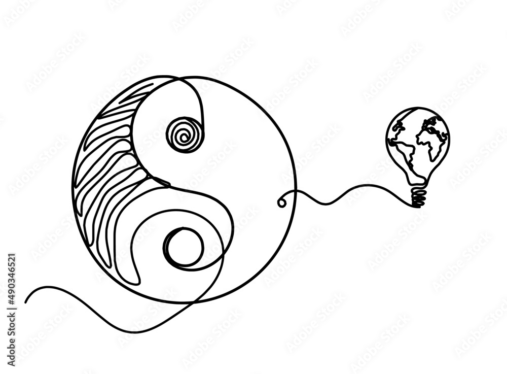 Sign of yin and yang with globe light bulb as line drawing on white background Sign of yin and yang with globe light bulb as line drawing on white background