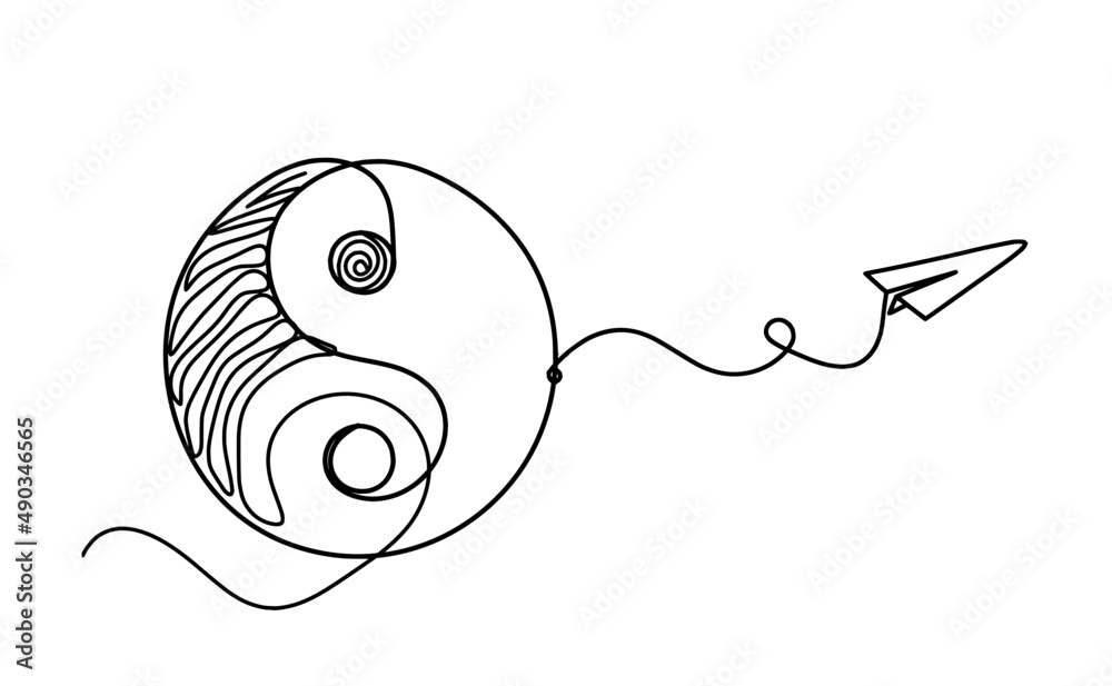Sign of yin and yang with paper plane as line drawing on white background Sign of yin and yang with paper plane as line drawing on white background