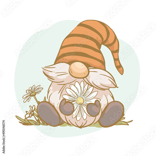 Vector spring illustration of cute little gnome sit with chamomile flowers isolated. Vintage hand drawn sketch style. For cards, prints, posters, banners etc.