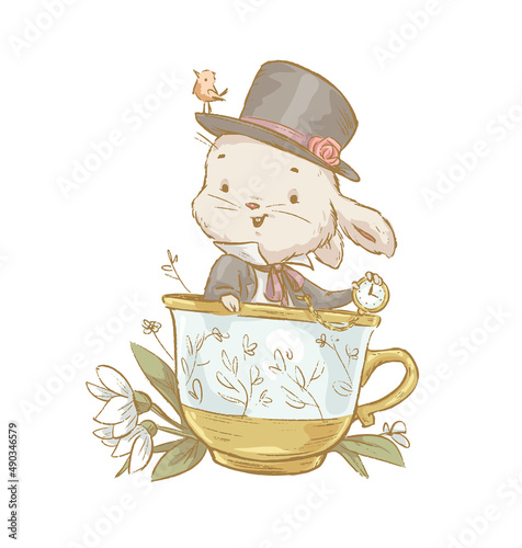 Vector spring illustration of cute bunny in top hat and suit with pocket watch sitting in huge tea cup isolated. Vintage hand drawn sketch style. For cards, prints, posters, banners etc.