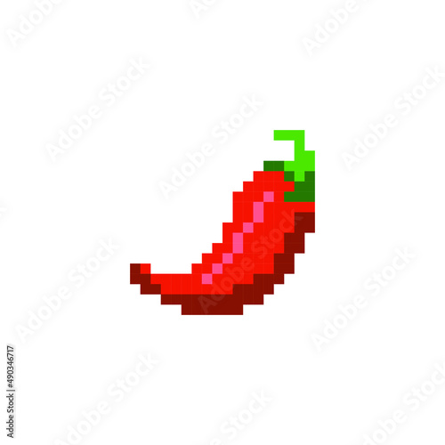 Pixelated style illustration of a chilli red pepper. Pixel art of a chili pepper in 8 bit. 8-bit sprite. Design stickers, logo, mobile app. Paprika. Jalapeno. Spicy. Cayenne. 