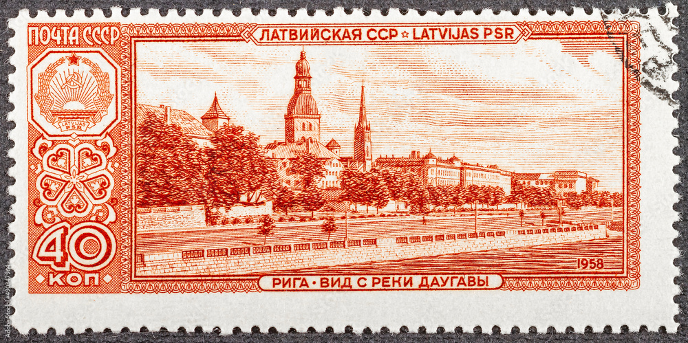 SOVIET UNION - CIRCA 1958: A stamp printed by USSR shows view of Riga - the capital and largest city of Latvia. Riga is the largest city of the Baltic states, circa 1958