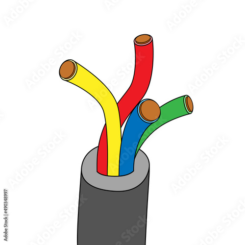 4 cores screened insulated wire. Multicore electric cable. Vector illustration. Simple stock cartoon image. red blue yellow green wires. Electricity tool