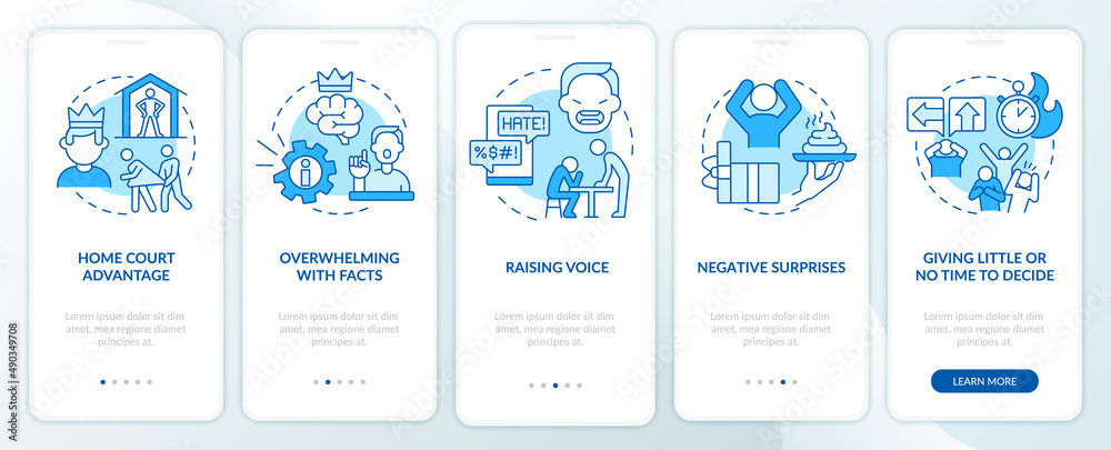 How emotional manipulation works blue onboarding mobile app screen. Walkthrough 5 steps graphic instructions pages with linear concepts. UI, UX, GUI template. Myriad Pro-Bold, Regular fonts used