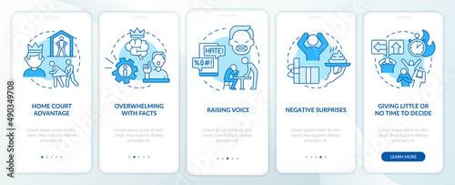 How emotional manipulation works blue onboarding mobile app screen. Walkthrough 5 steps graphic instructions pages with linear concepts. UI, UX, GUI template. Myriad Pro-Bold, Regular fonts used