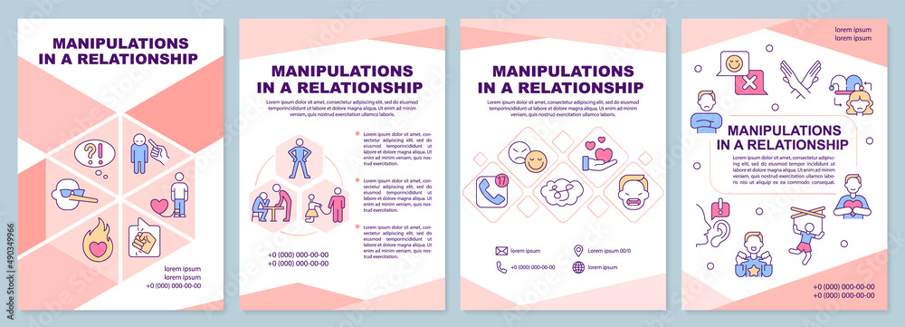 Fototapeta premium Manipulations in relationships pink brochure template. Feeling confused. Leaflet design with linear icons. 4 vector layouts for presentation, annual reports. Arial-Black, Myriad Pro-Regular fonts used