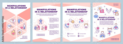 Manipulations in relationships pink brochure template. Feeling confused. Leaflet design with linear icons. 4 vector layouts for presentation, annual reports. Arial-Black, Myriad Pro-Regular fonts used