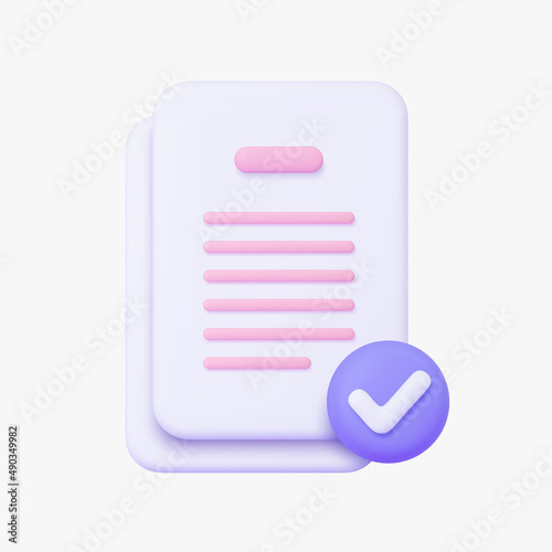 Document with approve sign 3d vector icon. Isolated on white. 