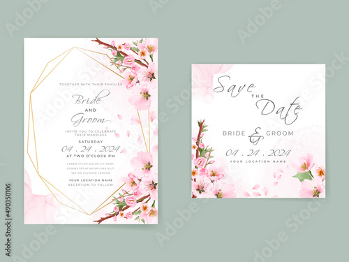 Beautiful soft pink cherry blossom wedding invitation card