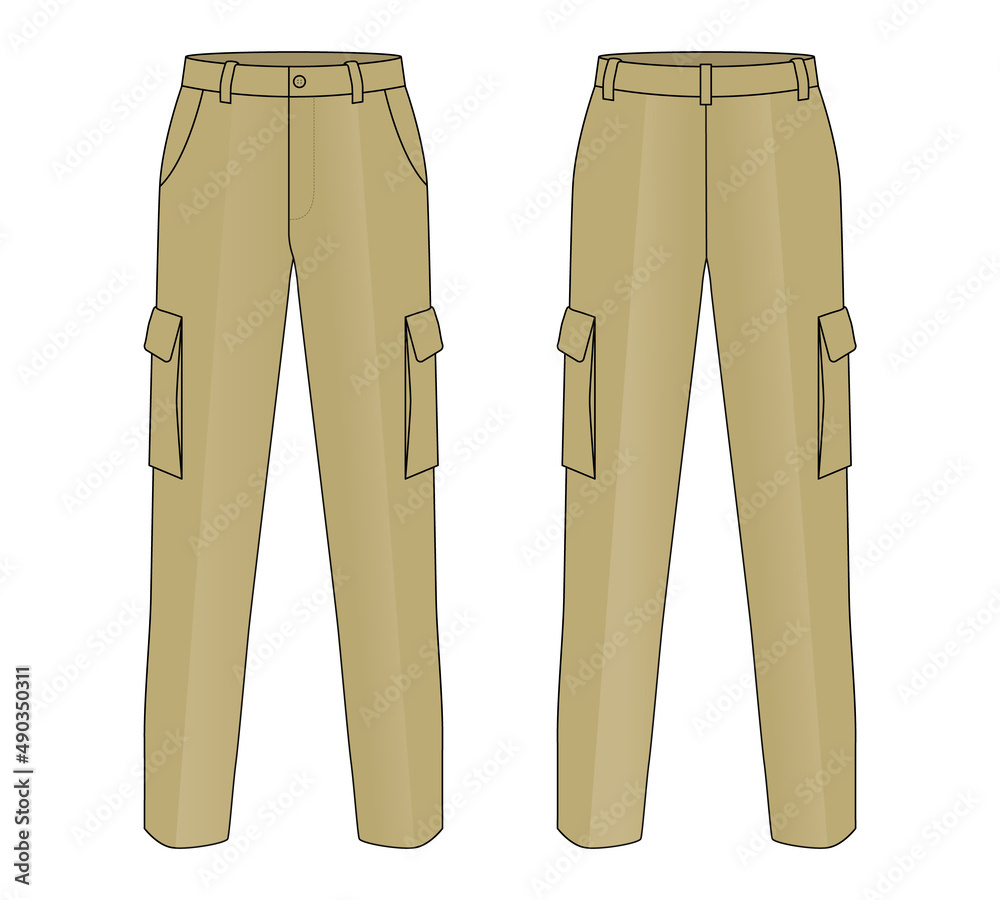 Khaki Factory Uniform Pants Template on White Background.Front and Back