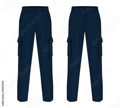 Navy Blue Factory Uniform Pants Template on White Background. Front and Back View, Vector File.
