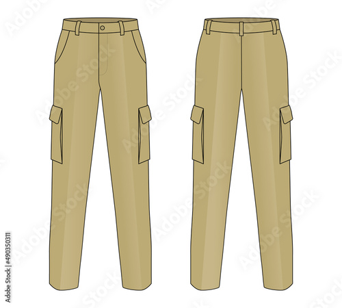 Khaki Factory Uniform Pants Template on White Background.Front and Back View, Vector File.