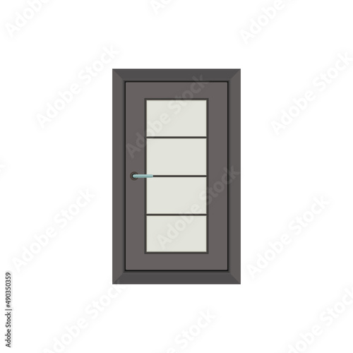 Grey Door a  long squares inside with 4 strips, door isolated on white