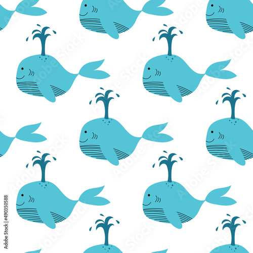 Vector seamless pattern with whales on a white background. Pattern for fabric, wallpaper, paper, clothes. Vector illustration