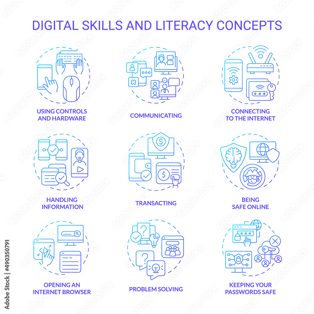Digital literacy and skills blue gradient concept icons set. Computer system. Cyberspace idea thin line color illustrations. Isolated symbols. Roboto-Medium, Myriad Pro-Bold fonts used