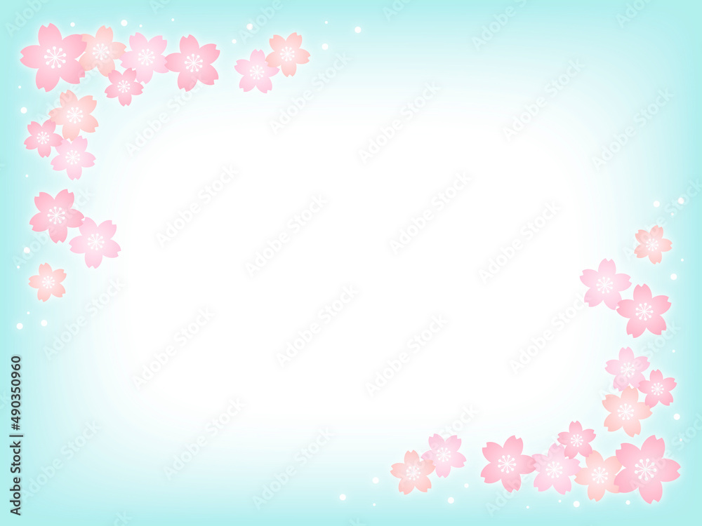パステルカラーの桜の花と水色の背景画像/左上右下装飾