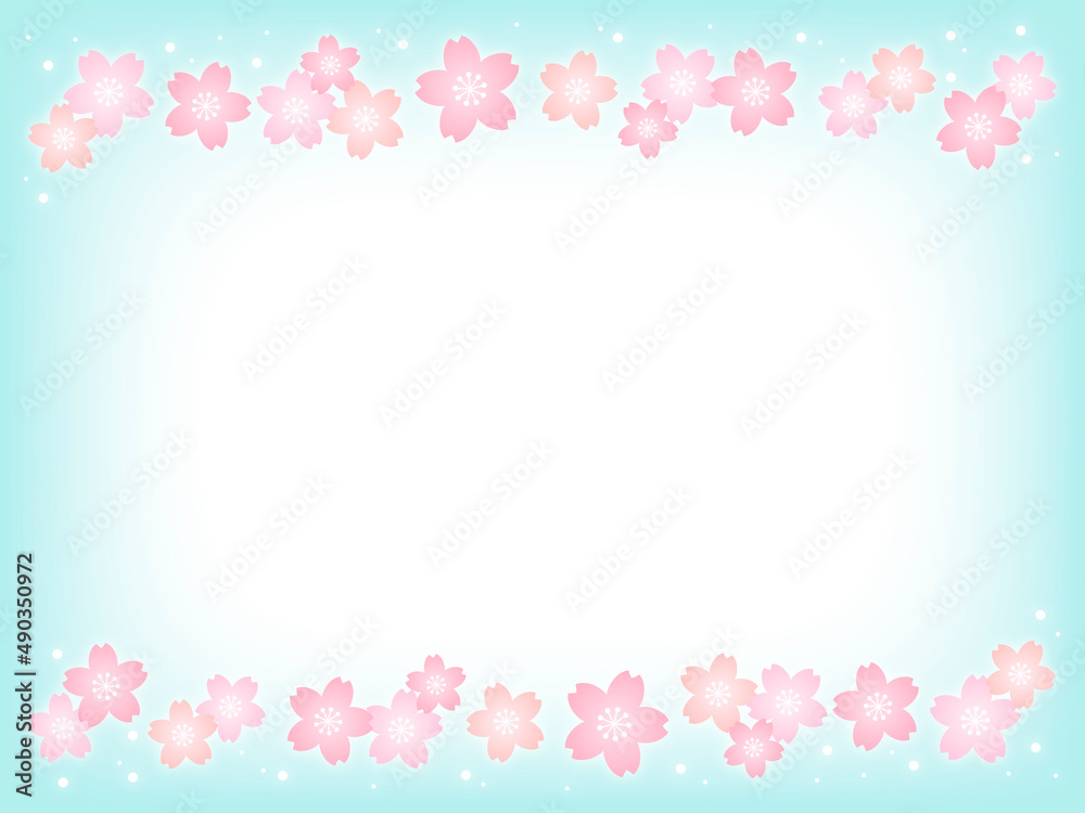 パステルカラーの桜の花と水色の背景画像/上下装飾・桜小さめ