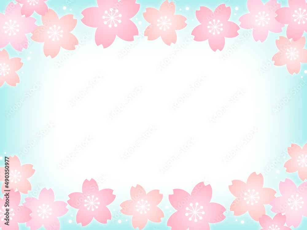 パステルカラーの桜の花と水色の背景画像/上下装飾