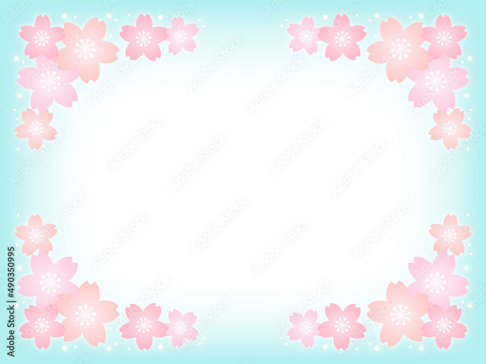 パステルカラーの桜の花と水色の背景画像/四隅装飾
