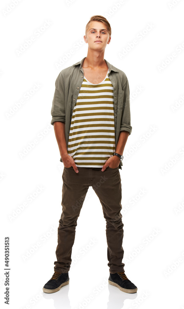 Fototapeta premium No trend or style escapes his eye. A full length studio shot of a stylishly dressed young man.