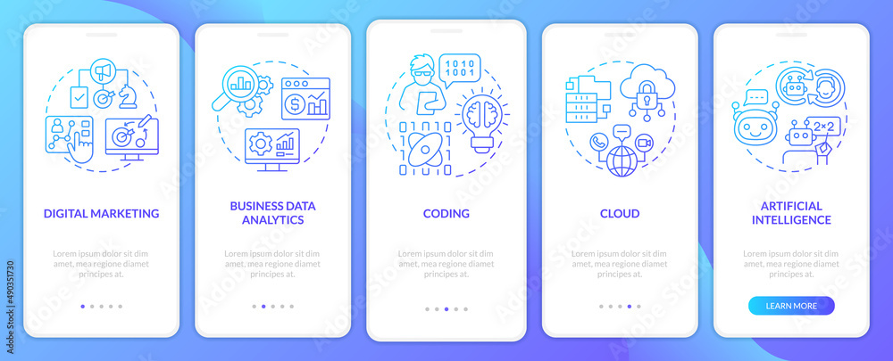 Major digital skills blue gradient onboarding mobile app screen. Walkthrough 5 steps graphic instructions pages with linear concepts. UI, UX, GUI template. Myriad Pro-Bold, Regular fonts used