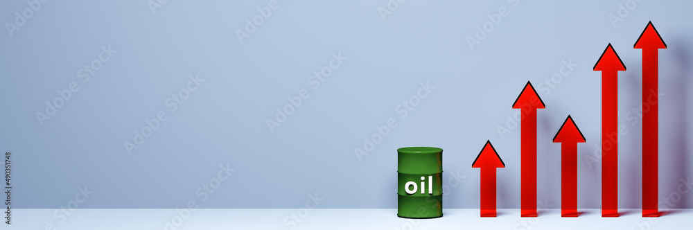 3D barrel of oil and business graph, arrow graph with soft blue background, 3D render, 3D illustration. 3D barrel of oil and business graph, arrow graph with soft blue background, 3D render, 3D illustration.