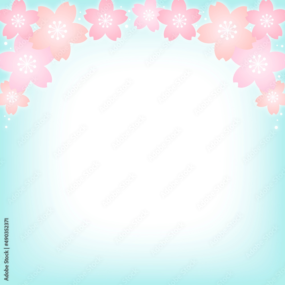 パステルカラーの桜の花と水色の正方形の背景画像/上部装飾