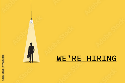 Business hiring and recruitment vector concept with spotlight on one person from crowd. Career opportunity symbol. Job vacancy advertisement.yellow background. Eps10 illustration