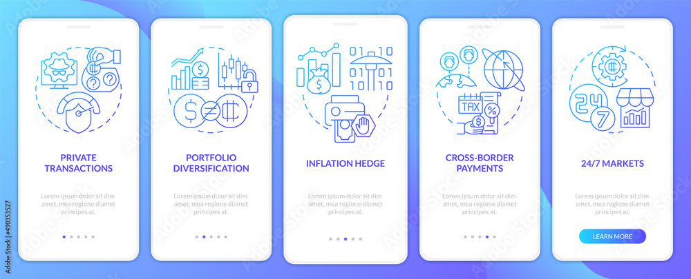 Crypto respective strengths blue gradient onboarding mobile app screen. Walkthrough 5 steps graphic instructions pages with linear concepts. UI, UX, GUI template. Myriad Pro-Bold, Regular fonts used Crypto respective strengths blue gradient onboarding mobile app screen. Walkthrough 5 steps graphic instructions pages with linear concepts. UI, UX, GUI template. Myriad Pro-Bold, Regular fonts used
