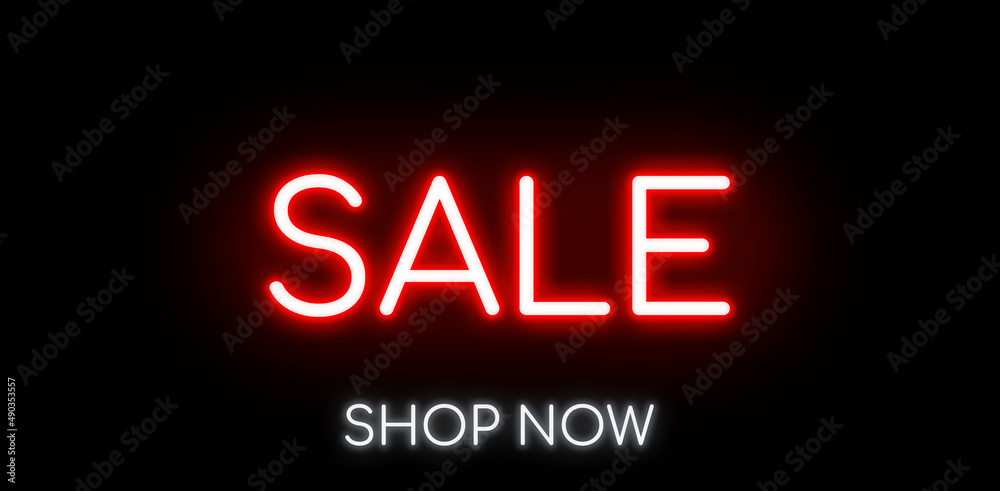 Sale neon banners, light signboard advertising.