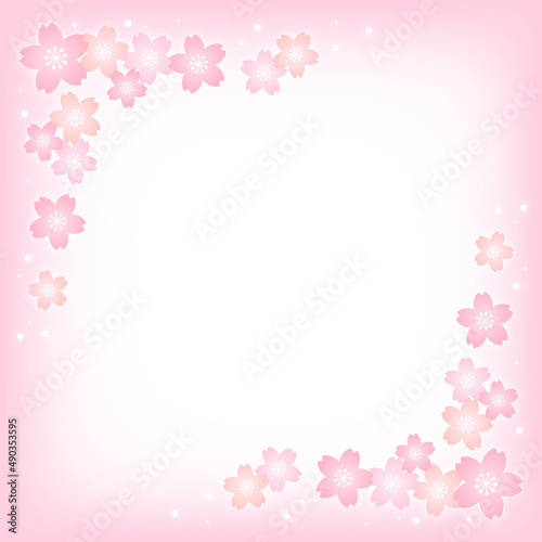 パステルカラーの桜の花とピンクの正方形の背景画像/左上右下装飾
