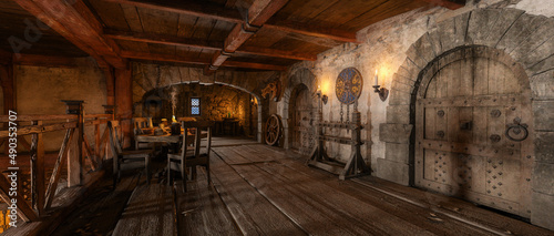 Wide panoramic 3d rendering of upstairs room in medieval fantasy inn.