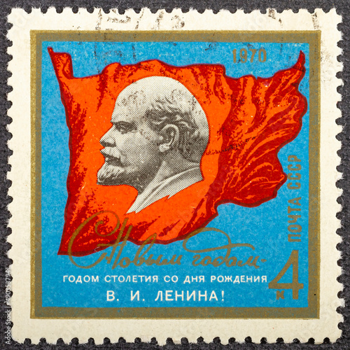 USSR - circa 1970 : Cancelled postage stamp printed by USSR, that shows portrait of Vladimir Ilic Lenin, World Youth Meeting for Lenin Birth Centenary, circa 1970. photo