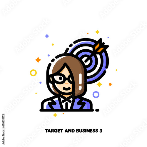 Icon of businesswoman and target for success female entrepreneur or woman leadership concepts. Flat filled outline style. Pixel perfect 64x64. Editable stroke
