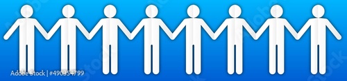 Human paper cut figures in a line - abstract graphic of teamwork concept - men colored white on blue background - 3D Illustration