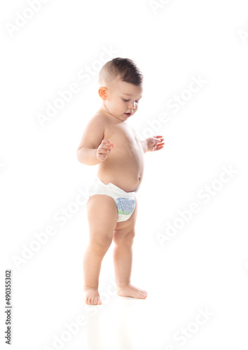 Funny child baby boy toddler naked in diaper