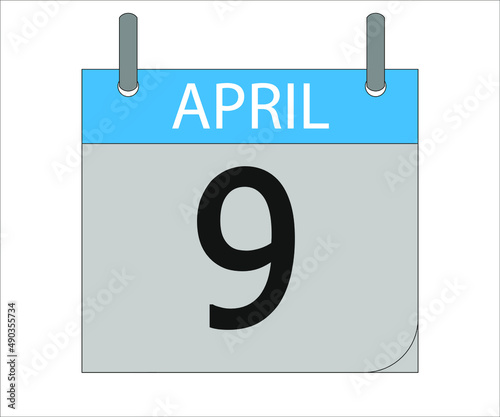 April 9st. Calendar icon. Month, date, year, holidays, week and weekend. photo