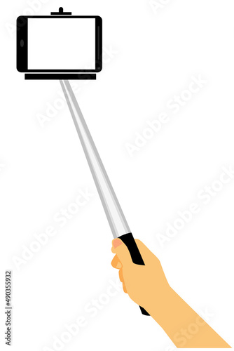 Simple Vector Hand Take a Self Portrait, Using Selfie Stick,Isolated on White