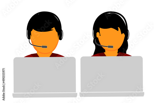 Simple Vector Man and Woman Call Center or Customer Service working using Notebook