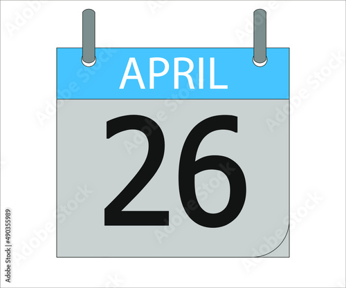 April 26st. Calendar icon. Month, date, year, holidays, week and weekend. photo