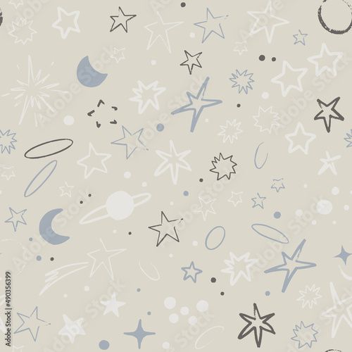 Vector space seamless pattern with planets, comets, constellations and stars. Night sky hand drawn doodle astronomical background