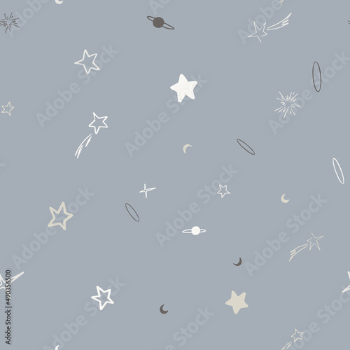 Vector space seamless pattern with planets, comets, constellations and stars. Night sky hand drawn doodle astronomical background