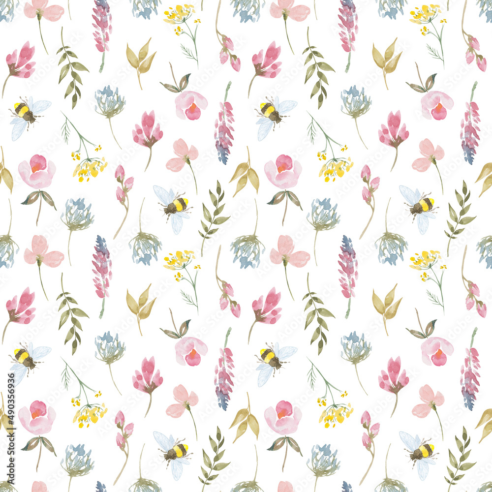 Watercolor botanical seamless pattern wild flowers and garden plants. Hand drawn leaves, pink flowers, herbs and natural elements. For decorations, scrapbooking, cards for birthday, party,baby shower. Watercolor botanical seamless pattern wild flowers and garden plants. Hand drawn leaves, pink flowers, herbs and natural elements. For decorations, scrapbooking, cards for birthday, party,baby shower.